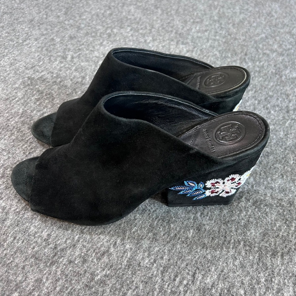 Tory Burch Black Suede Embroidered Floral Block Heel Peep Toe Mules Sandals 7.5M